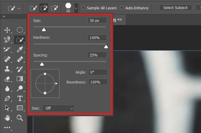Tùy chỉnh kích thước nét cọ cho công cụ Quick Selection Tool