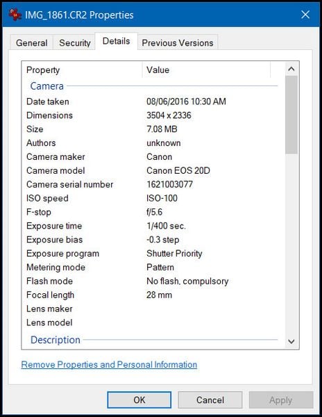 Xem dữ liệu EXIF trên Windows